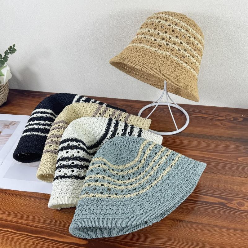 Striped Hollow Fisherman Hat for Women Breathable Spring and Summer Sun Protection Hat Sun Protection Hat