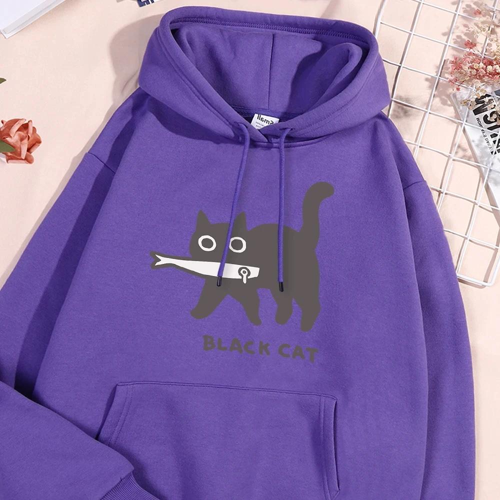 Women's Fun A Black Cat Eating Fish Hoody Women Harajuku Fashion Sweatshirt Loose Oversized Streetwear Hoodies