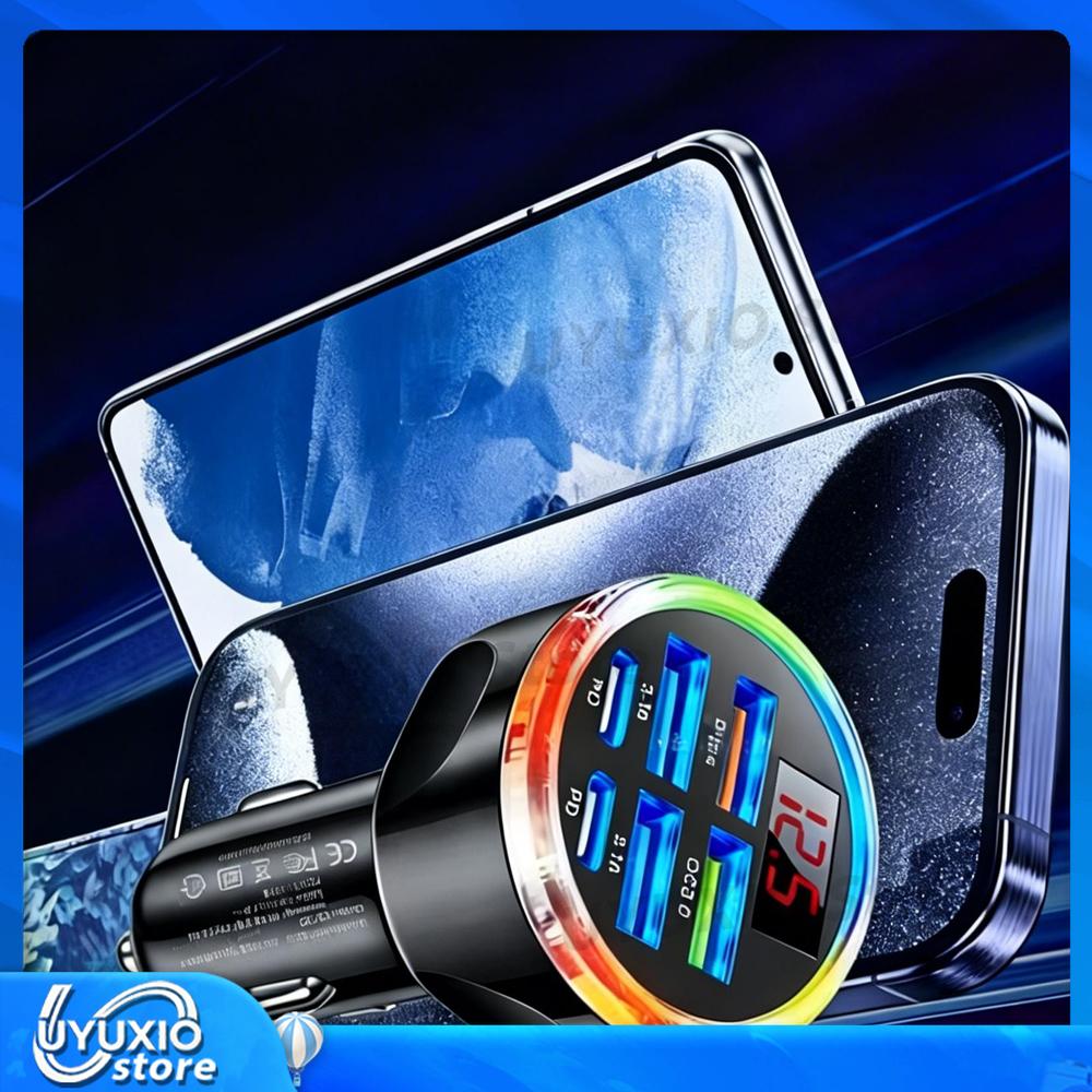 UYUXIO Fast Charging 250W 6 Ports USB C Car Phone Charger Adapter with Voltage Display In Car For Xiaomi Samsung Iphone