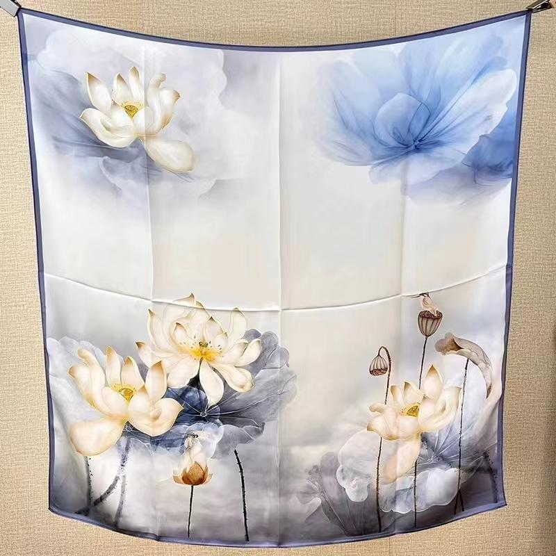Bysifa|China Style Lotus Blue White Women100% Silk Scarf Hijab Cape Bandana Fall Winter Large Square Head Scarves Shawls 90Cm