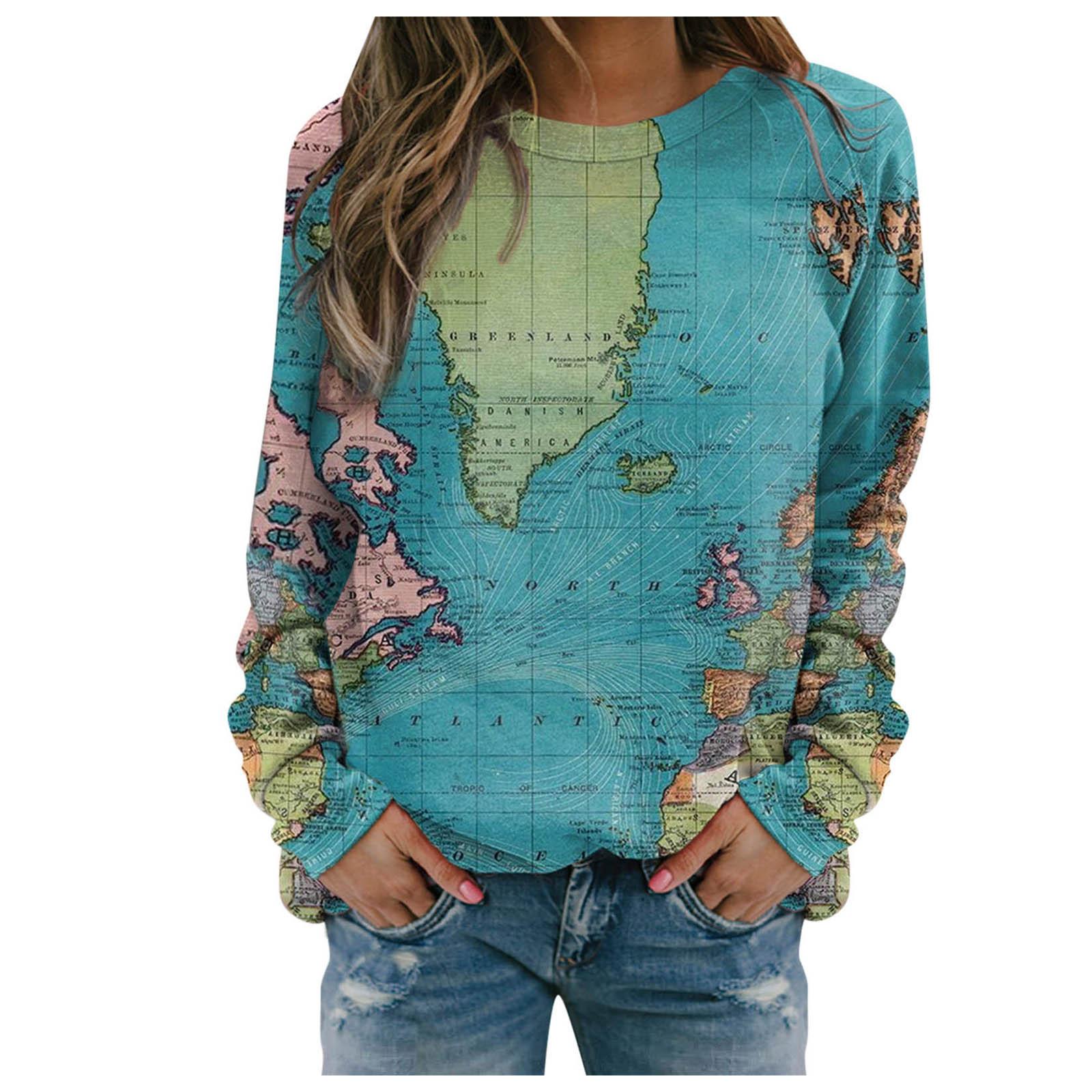 

Женщины Карта мира Печать Толстовки Винтажный Узор Круглый Вырез Длинный Рукав Свитшот Цветочный Принт Повседневный Пуловер Топы Толстовки XL
