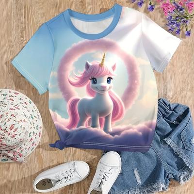 Odzież Dziecięca Dziewczęca Koszulka Koszulka z Nadrukiem 3D w Kolorze Cukierkowym Dekolt O Krótki Rękaw Top Dzieci Lato Outdoor Casual Ubrania Dziewczęce