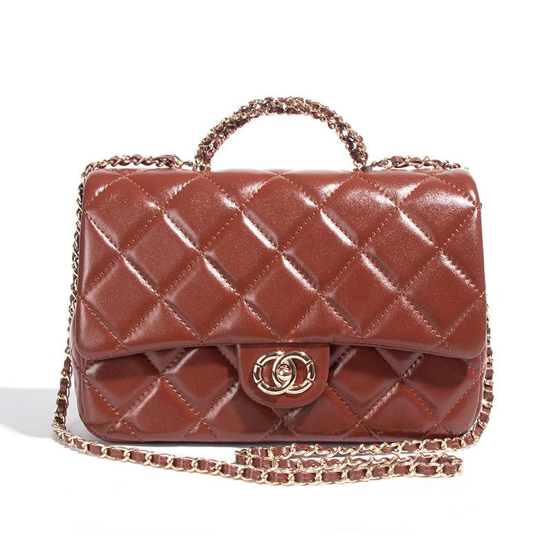 Geantă de umăr messenger din piele uleioasă cu ceară de prim strat, cu lanț metalic în formă de romb, portabilă, la modă, versatilă, geantă pătrată mică