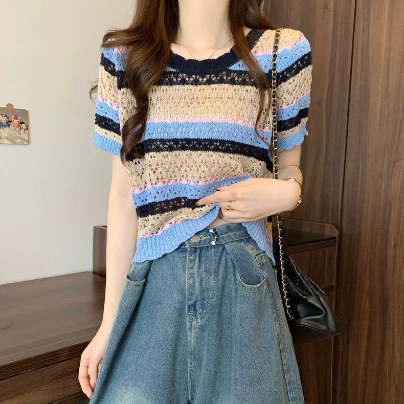 Hollow Out Color Striped Short Sleeved Knitted Sweater for Women French Style Slimming Top
