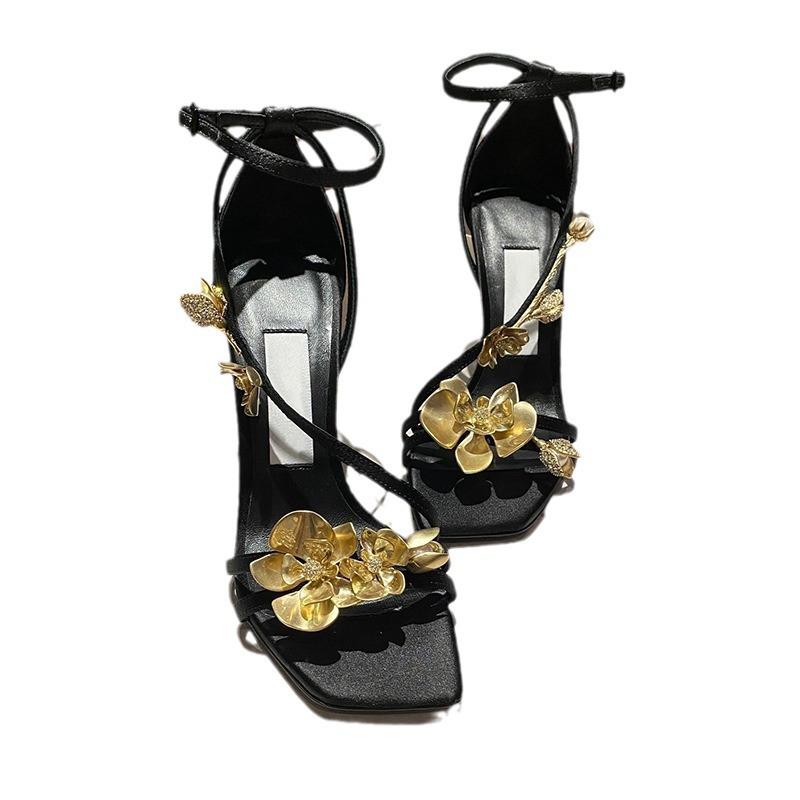 Flowers are born step by step! Square head gold rose high heels women's stilettos celebrity style banquet one-word buckle sandals