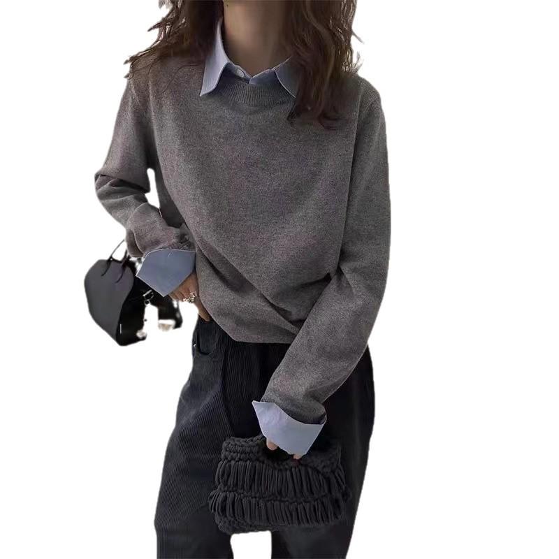 Women's Color Block Two-Piece Shirt Collar Sweater - Lazy Style Autumn Grey Knitwear Set