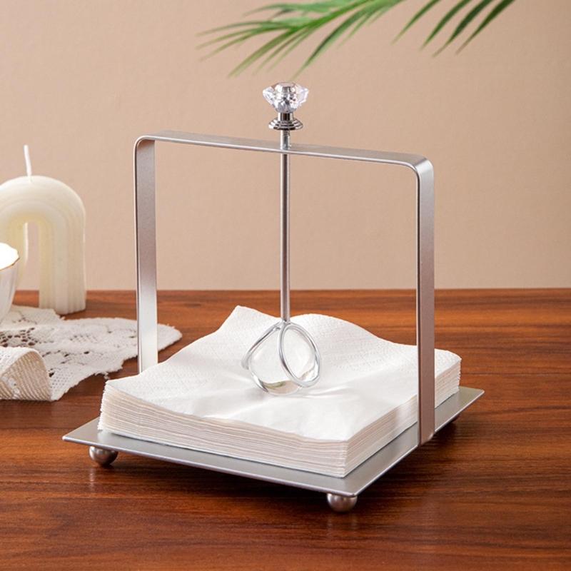 Desktop Tissue Holder Wrought Iron Crystal Ball Tissue Box Ornaments Restaurant Square Base Tissue Organizer for Room