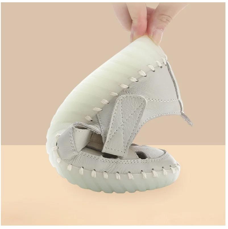 Fashion New T Strap Roman Shoes 43 Woman Genuine Leather Flats Fisherman Sandals Women's Summer Hollow Breathable Lazy Shoes Lady Flats