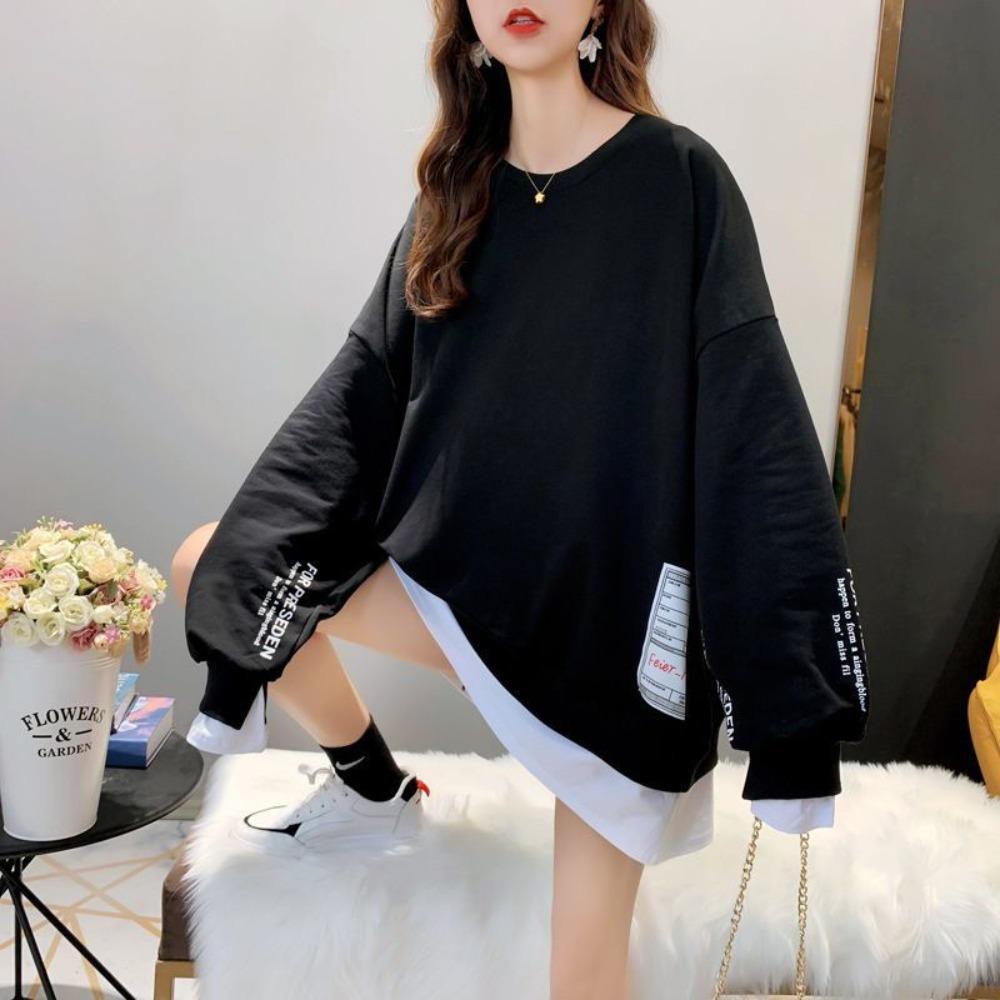 Women's Plus Size Fake Two‑Piece Sweatshirt Letter Print Long Sleeve Crew Neck Loose Casual Pullover Tops