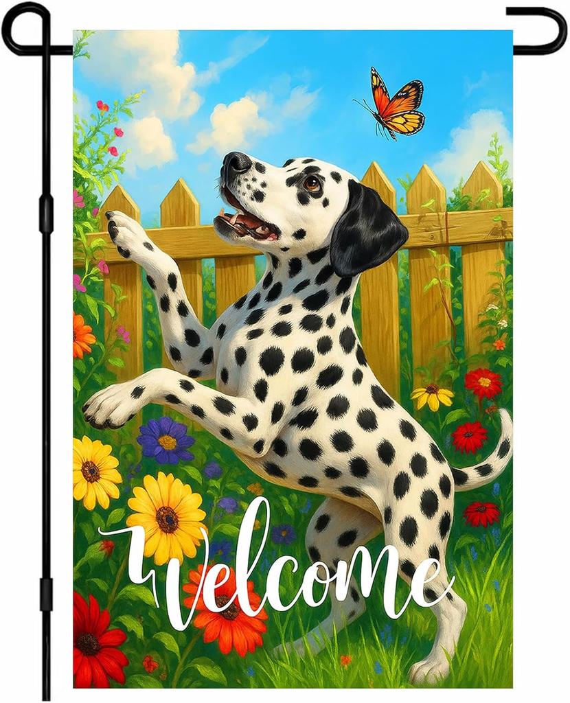 IVN Spring Summer Welcome Garden ag 12x18 Inch Double Sided Dalmatian with Buttery and owers Outdoor Yard ag for Out EEL