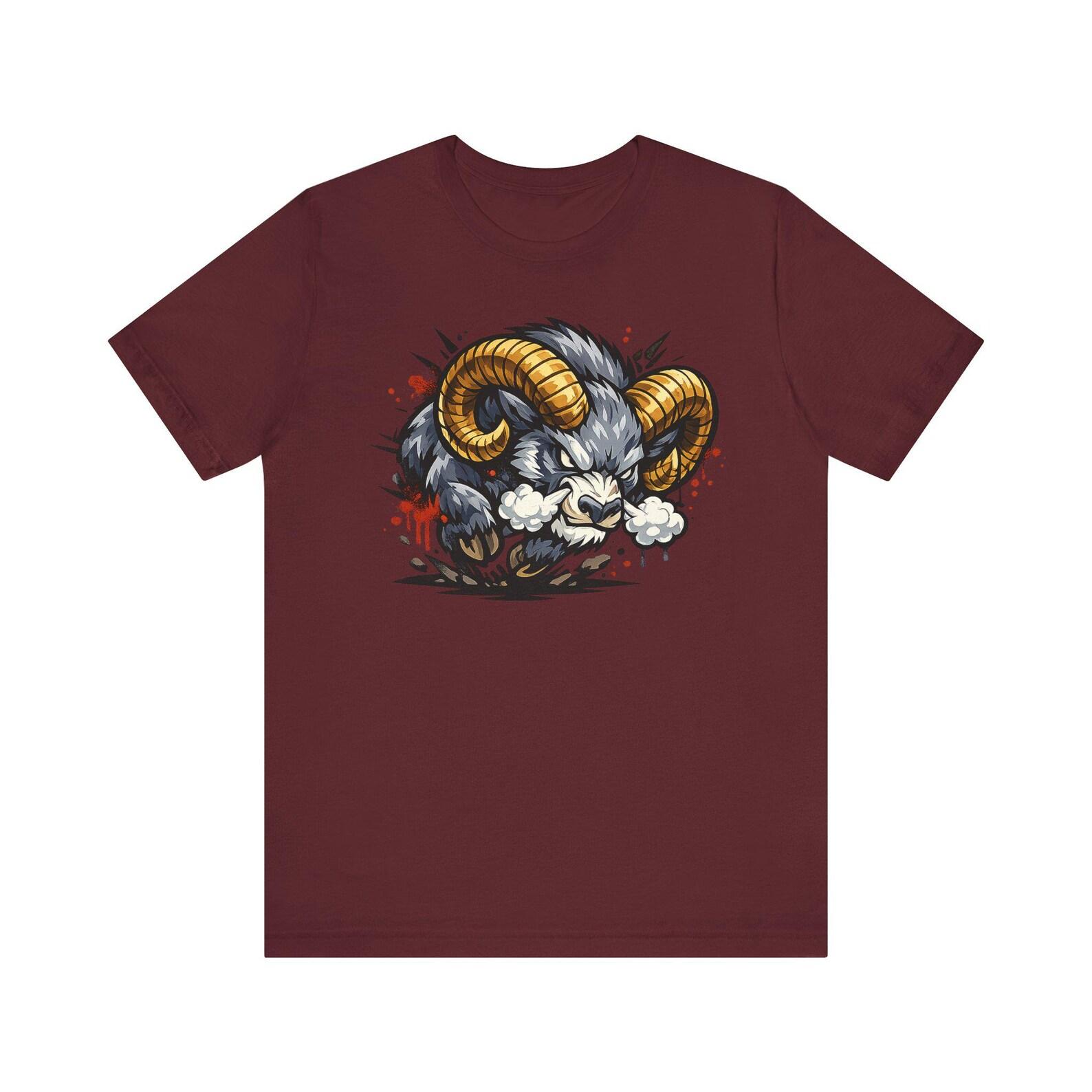 Charging Ram Illustration T-Shirt | Angry Horned Animal Graphic Tee, Wild Bighorn Art Unisex Gift XL
