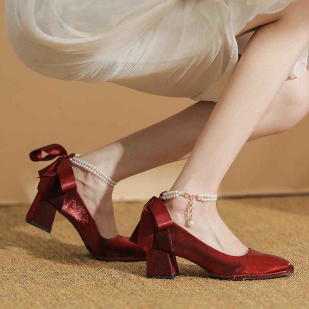 2025 New French-Style Women's Wedding Shoes - Bowknot Fairy Bridesmaid Shoes, Two-Way Wear Block Heel, Comfortable Non-Tiring Feet, StyleXCY34-888-200