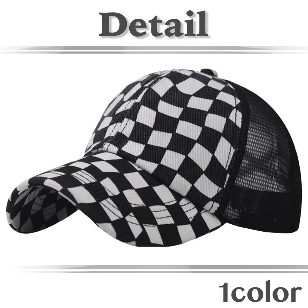 Baseball Checkered CZA463 [White Fang] Hat, Cap, Cap, Mesh, Pattern, Breathable, Adjustable, Casual, Men's, Women's, (Black)