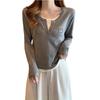 New Front Shoulder Fake Two V-neck Long-sleeved T-shirt Women's Fashion Versatile and Thin Pure Cotton Gray Top Bottoming Shirt