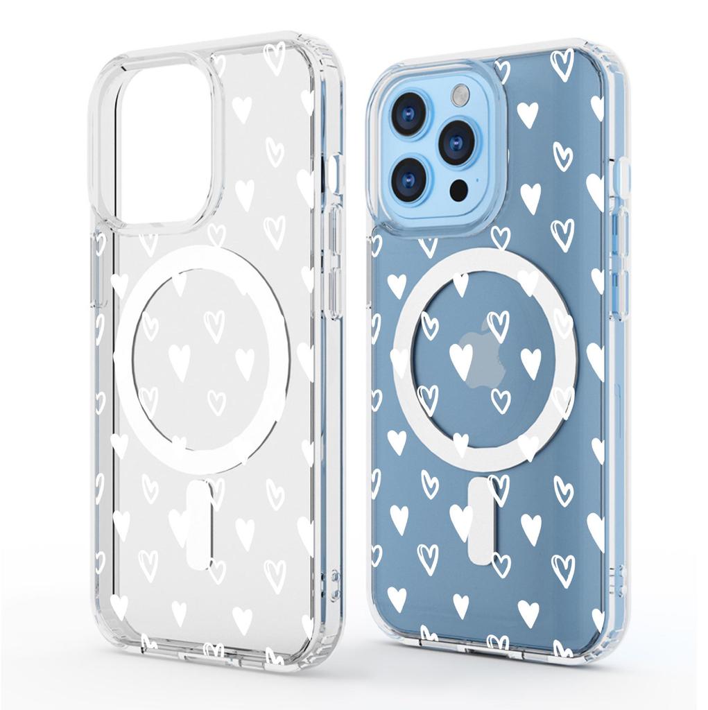 White Heart Magnetic iPhone 15/16/17 Pro Max Transparent Full Coverage Case