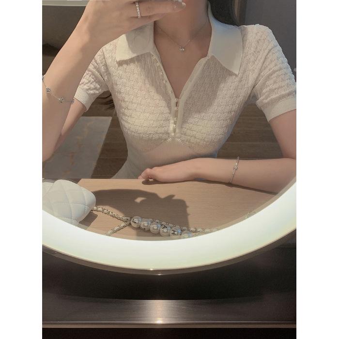2023 Women's Slim Fit Ice Silk Knit Polo Shirt In White - Summer Short-Sleeved Top