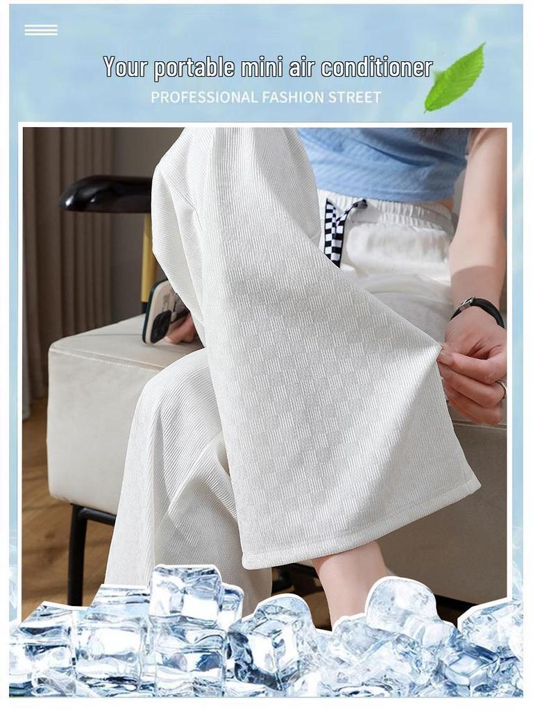 Petite Checkered Ice Silk Wide Leg Pants - Summer Elastic Waist, Slimming, Loose Casual Fit for Women