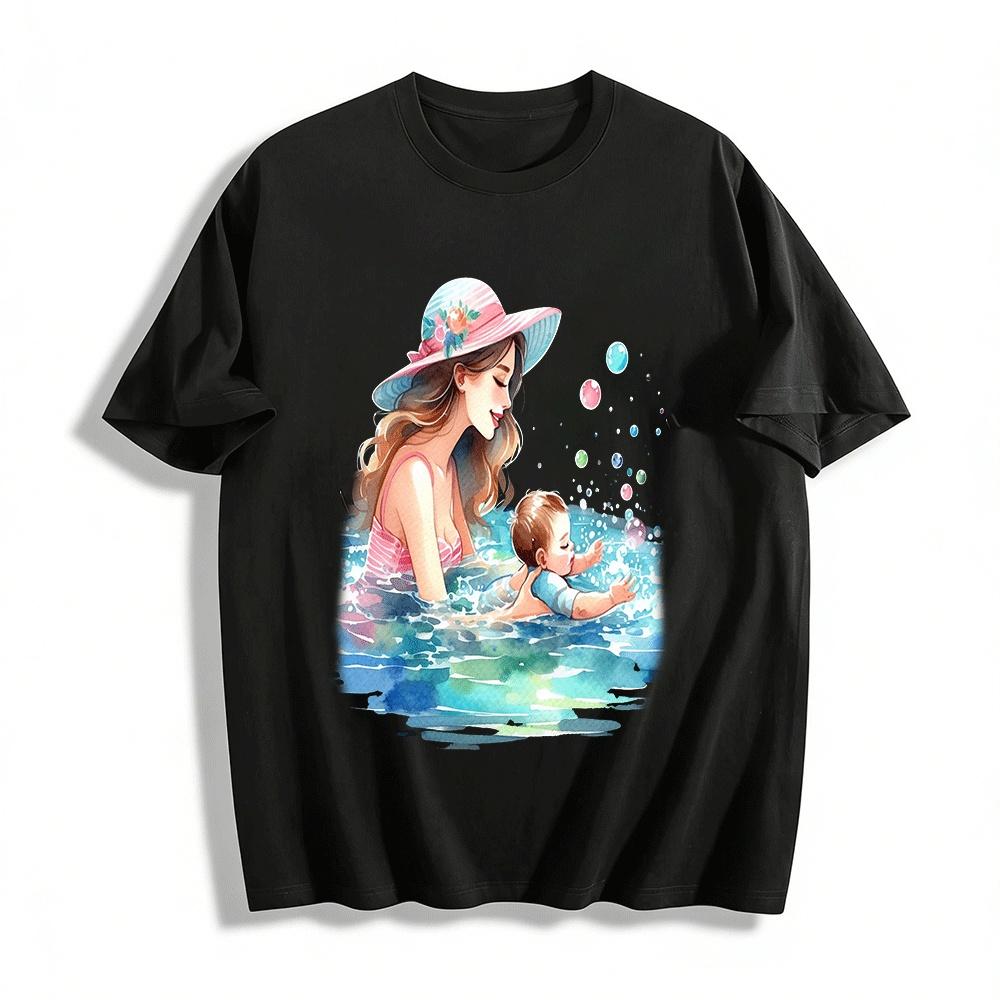 Warm Parent Child Swimming Time Printed Adult T-Shirt Pure cotton T-shirt XXS