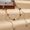 Long Layered Sweater Necklace Faux Pearl Tiger Eye Beads Vintage Elegant Fashion Jewelry Women