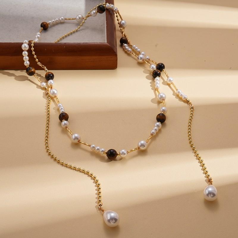 Long Layered Sweater Necklace Faux Pearl Tiger Eye Beads Vintage Elegant Fashion Jewelry Women