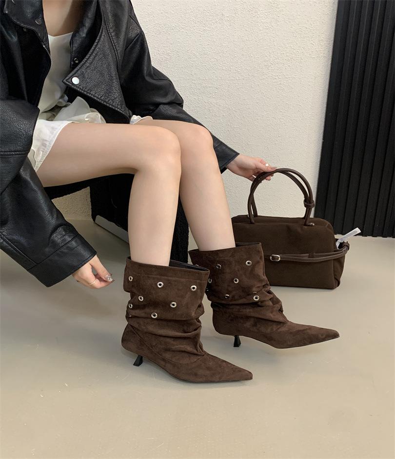 European and American Fashion Punk Style Riveted High-heeled Short Boots Spice Girls 2025 Autumn and Winter Short Tube Pointed Thin Heel Pleated 