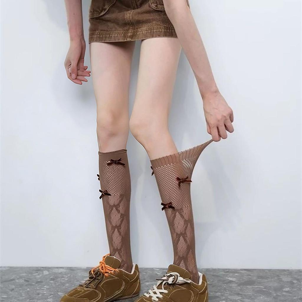 Mesh Bowknot Calf Stockings for Women Vintage Solid Color Summer Breathable Long Socks Sweet Girls Knee High Fishnet Pile Socks