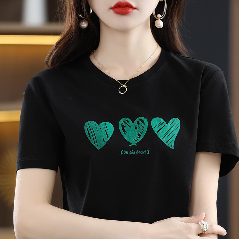 New Summer Mercerized Cotton T-shirt for Women Round Neck Slim and Versatile Printed Cotton Thread Short-sleeved Slim Korean Top