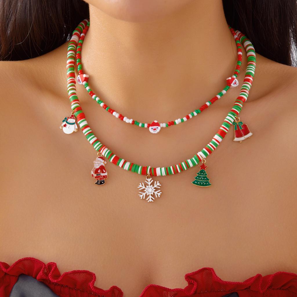 Trendy Christmas Handmade Beads Double Layer Necklace for Women Delicate Party Jewelry Festival Santa Claus Polymer Clay Gift