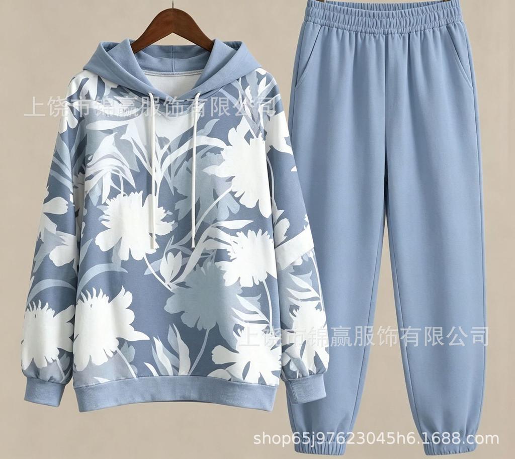 Spring/Autumn Soft Cotton Casual Set, Color-Blocking Floral Top, Solid Color Pants, Versatile Slimming Commuter Set