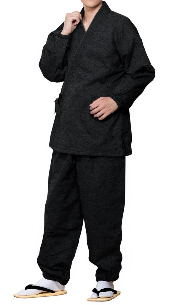 Kyoetsu Men's Winter Samue, Padded, Tsumugi-Style Fabric with Fleece Lining, Size 16 (M, Black)