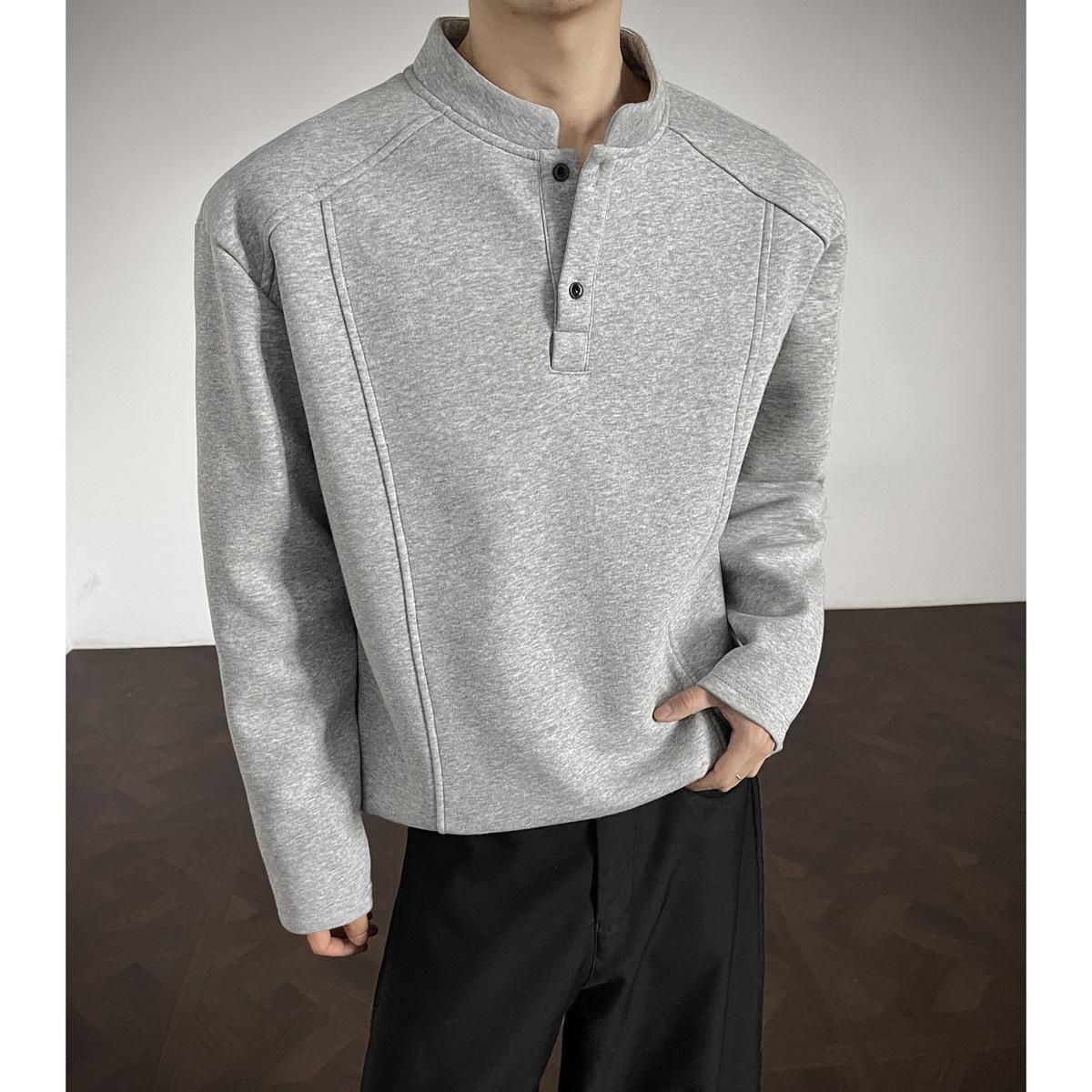 Men s Gray Deconstructed Henley Sweatshirt: Autumn Stand Collar, Regular Shoulder, Long Sleeve, Heavyweight American Style Knitwear XL