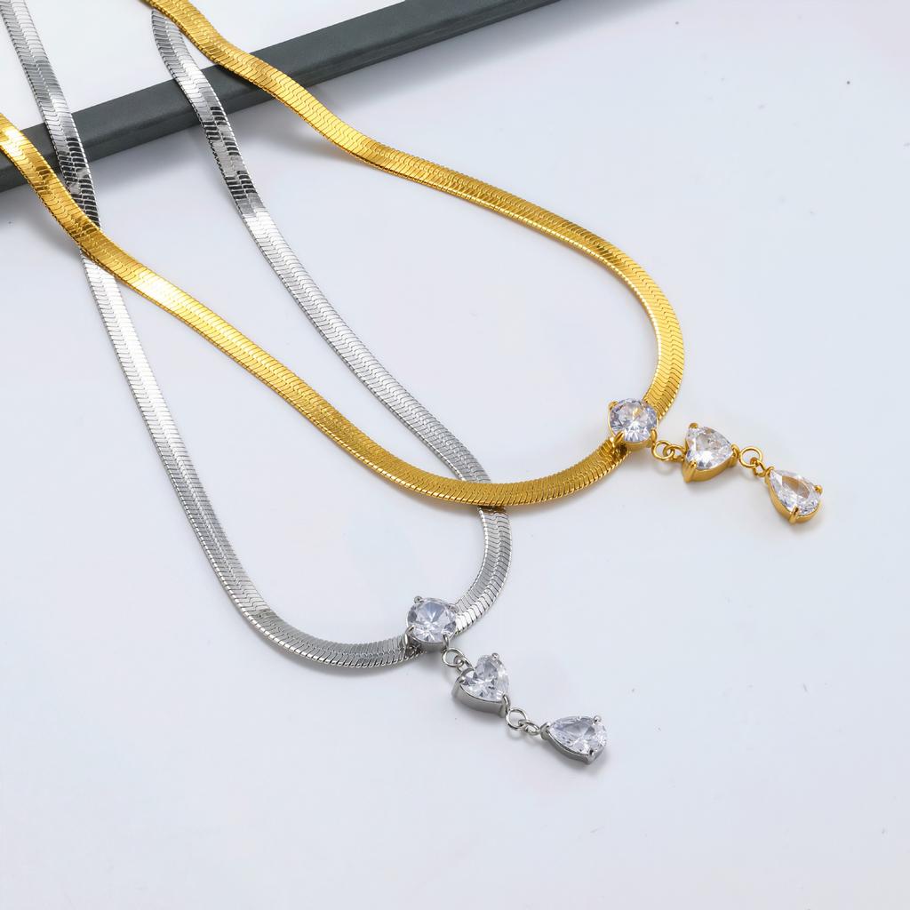 Snake Bone Chain Zircon Pendant Stainless Steel Necklace High Sense Daily Versatile Niche Design Women'S Jewelry