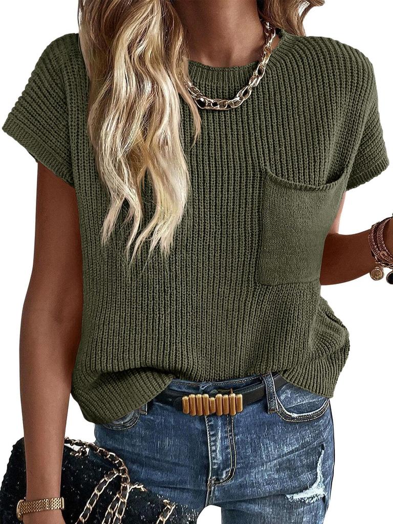 Womens Short Sleeve Ribbed Knit Pullover Crew Neck Summer Sweater Top