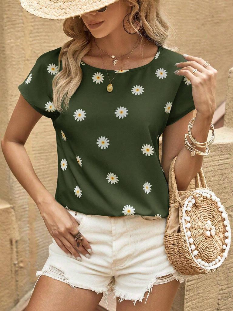Summer Round Neck 3D Print Flower Pattern Top Fashionable Casual Short Sleeved Women's T-shirts