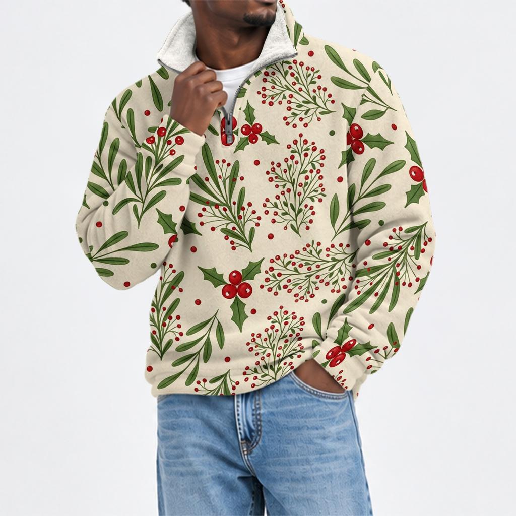 Herren Flanell Sweatshirt mit Stehkragen und Weihnachtsdruck für Freizeitkleidung an den Feiertagen