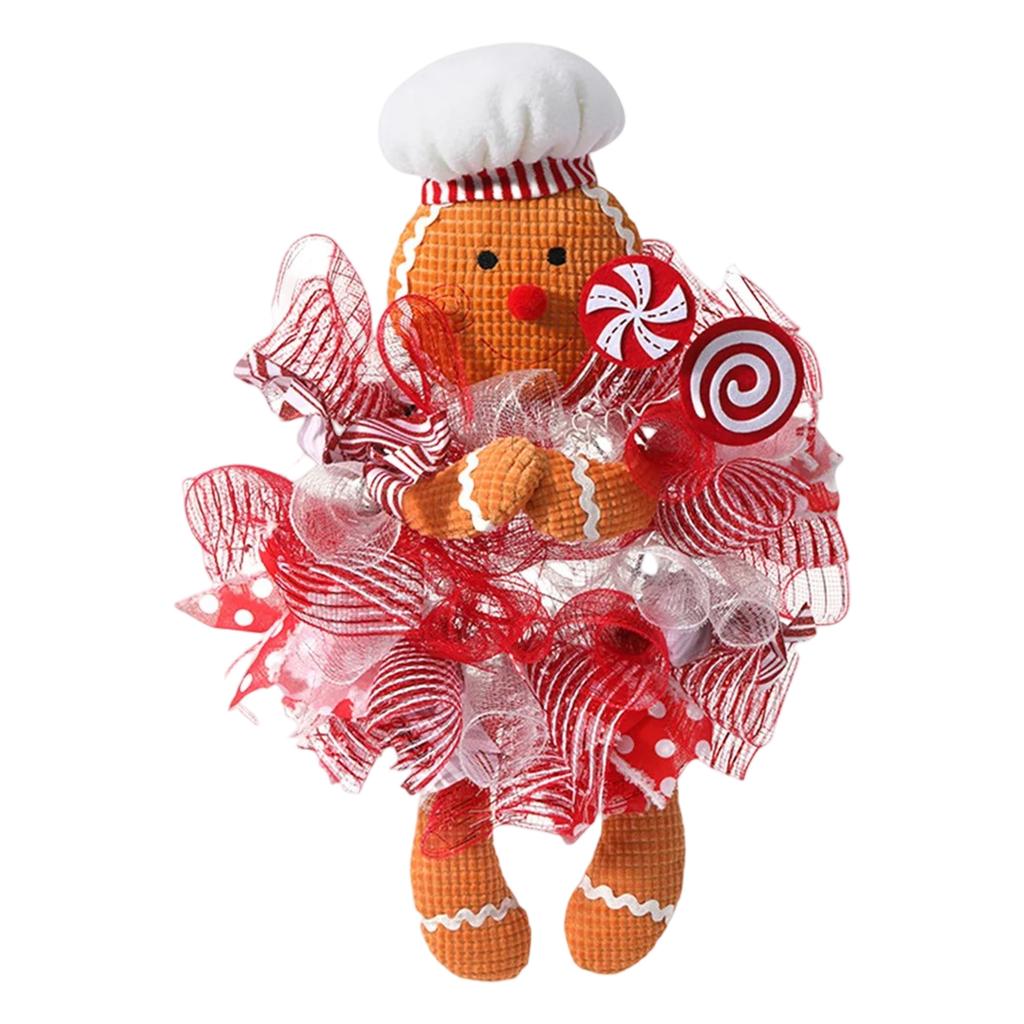 Christmas Door Wreath Christmas Gingerbread Man Doll Wreath Gingerbread Doll with Lollipop Wreath for Front Door Wall Fireplace
