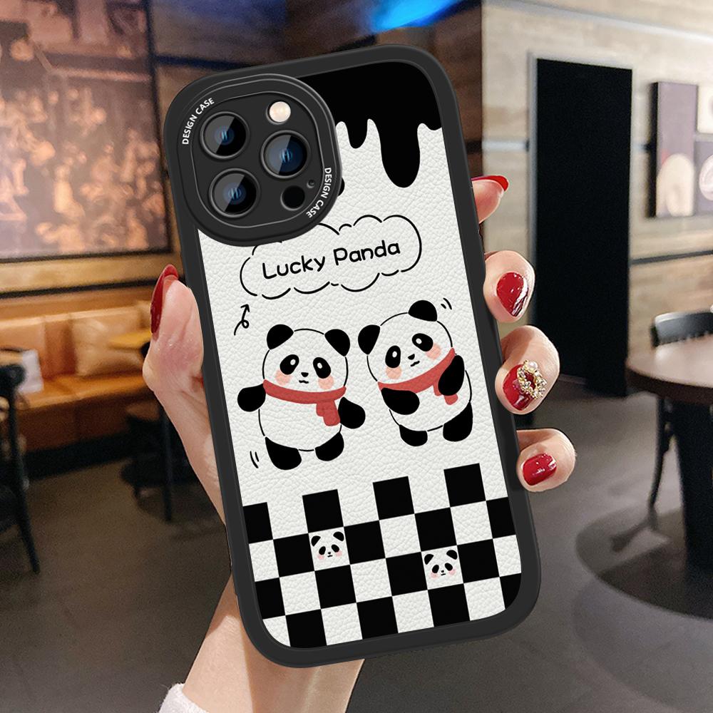 Slim Skin Feeling Cartoon Panda Soft Silicone PU Leather Cover Phone Case for iPhone Samsung Huawei Honor Xiaomi Redmi OPPO Realme Vivo