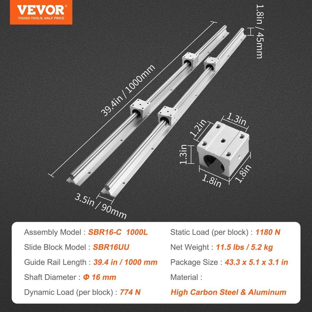 Linear Guide Rail Set, SBR16 1000mm, 2 PCS 39.4 in/1000 mm SBR16 Guide Rails and 4 PCS SBR16UU Slide Blocks, Linear Rails and Bearings Kit for