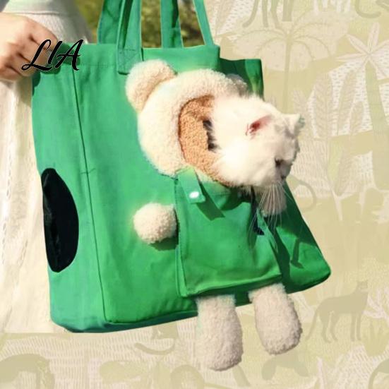 Canvas Cat Carrier Bag Purse, Front & Side Head Hole, Plush Bear Puppy Outdoor Pet Carrying Purse Tote, Portable Shoulder with Safety Buckle for Cats