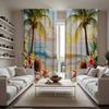 2PC Home Coconut Tree Sea View Curtains With Landscape Background And Pole Pocket Curtains, Kitchen, Coffee Shop, Living Room, B