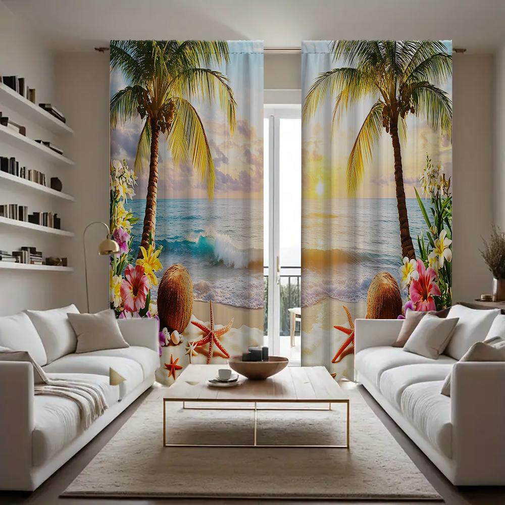 2PC Home Coconut Tree Sea View Curtains With Landscape Background And Pole Pocket Curtains, Kitchen, Coffee Shop, Living Room, B