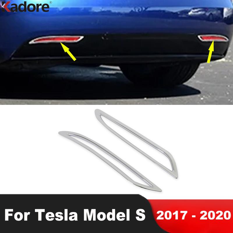 For Tesla Model S 2017 2018   Chrome Car Rear Bumper Fog Light Lamp Cover Trim Tail Foglights Bezel Trims Accessories