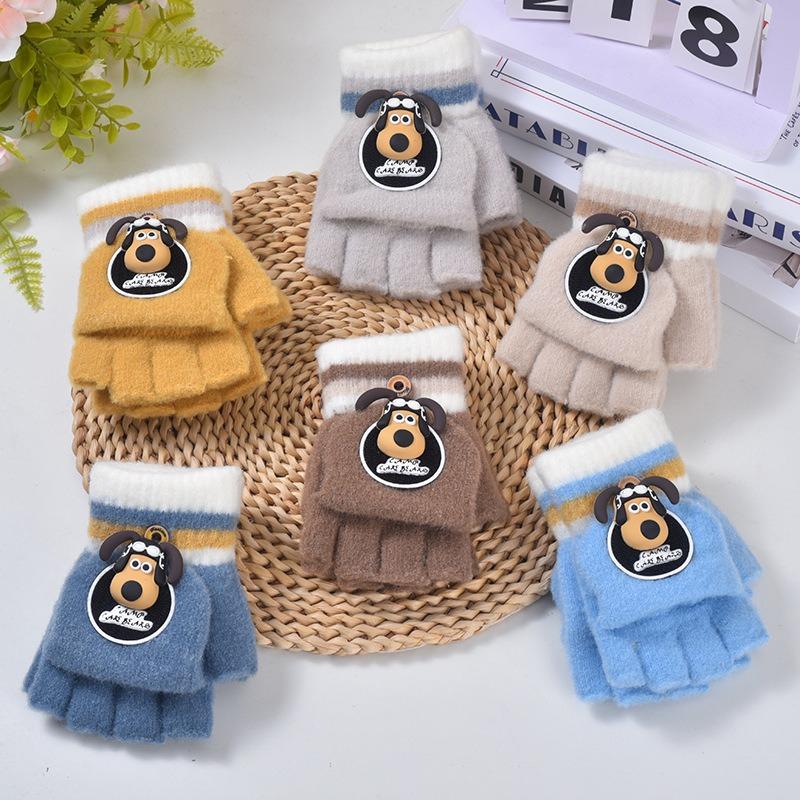 Children's gloves new autumn and winter baby cute warm thickened five-finger flip writing primary school students half-finger gloves