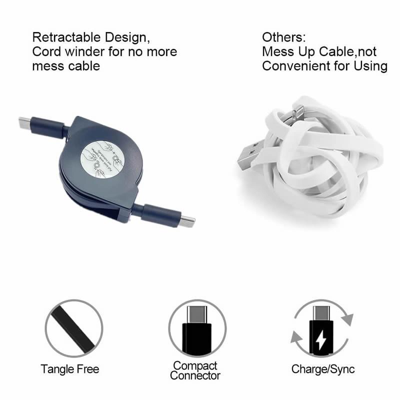 PD 60W USB C Retractable Fast Charging Cable for Macbook Type C Mobile Phone Switch Tablets and More Devices
