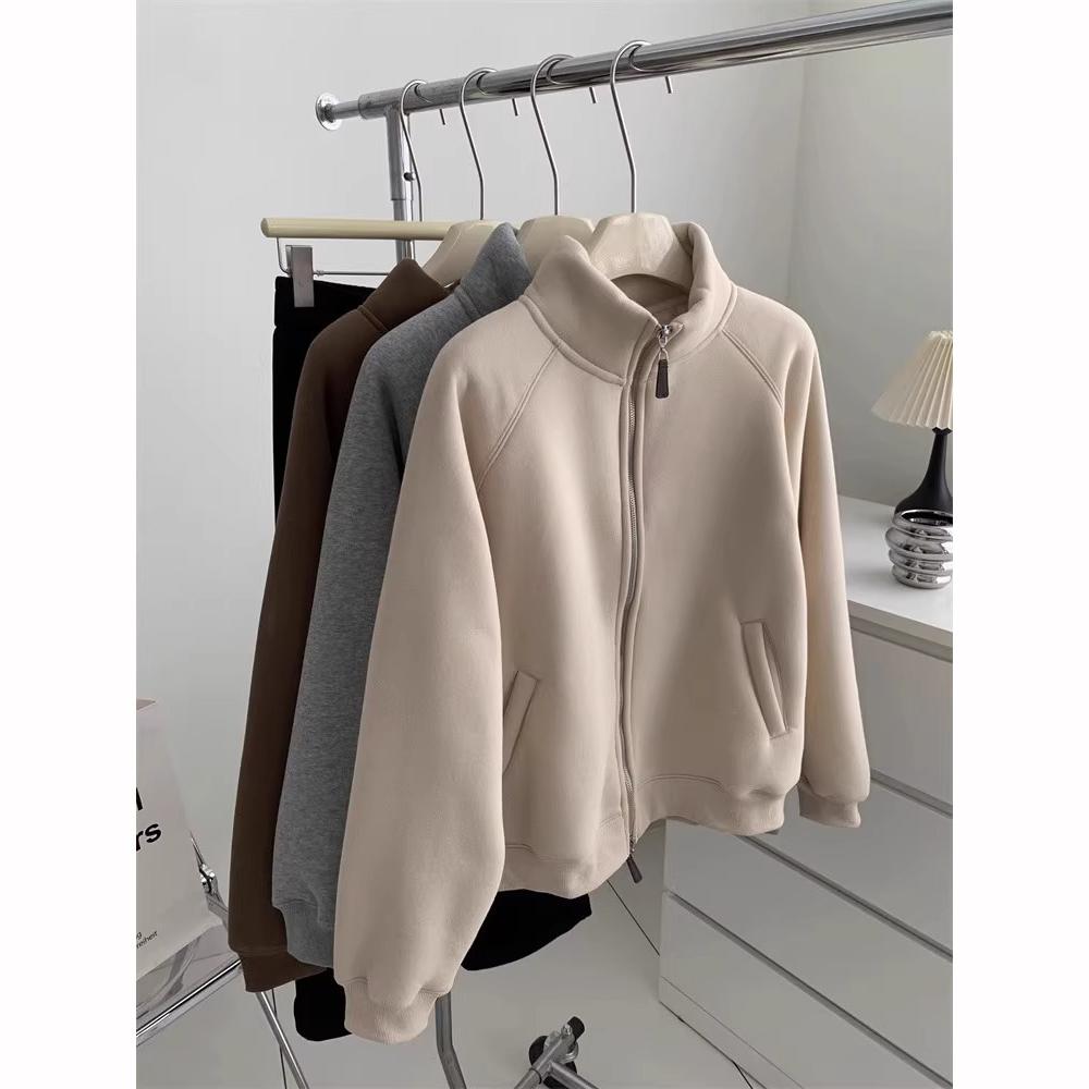 Veste Sweat-shirt en Velours Épais Col Zippé Chaud Décontracté Automne Hiver Style Coréen Navette Polyvalent Femme