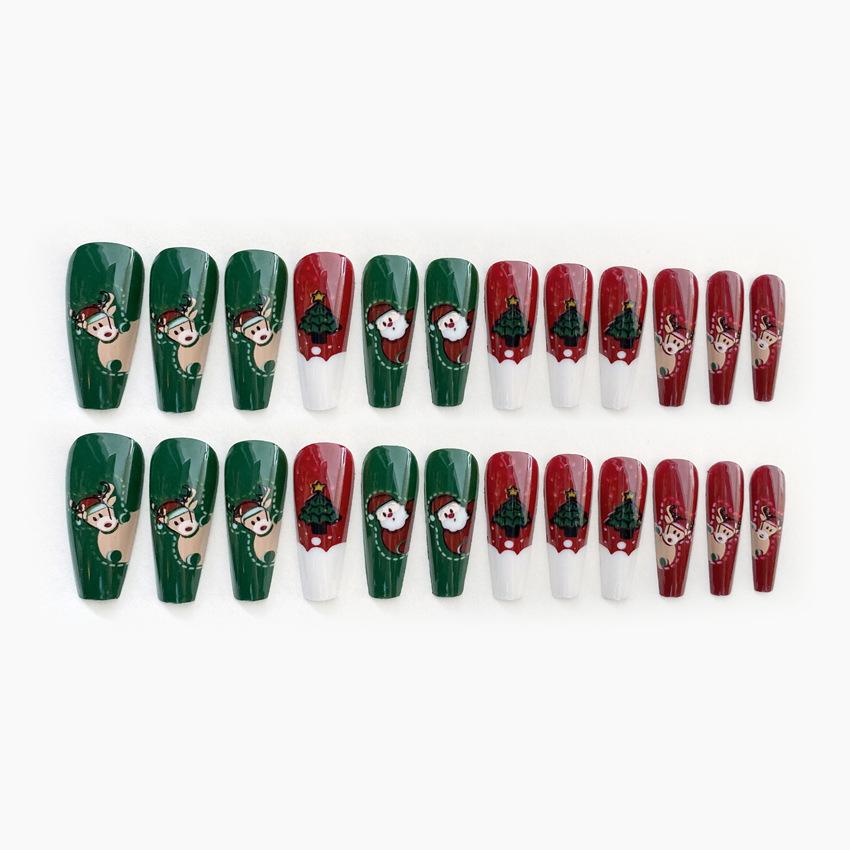Girls 24pcs Christmas Wearable Press On Nail Patch Santa Claus Elk Snowman Cartoon Print Fake Nails Women Artificial Wear Nails