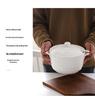 Double Ear Ceramic Soup Bowl Set with Lid - Microwave Safe, Includes Large Spoon and Tureen, Pure White, Creative Design (8 Bowls)