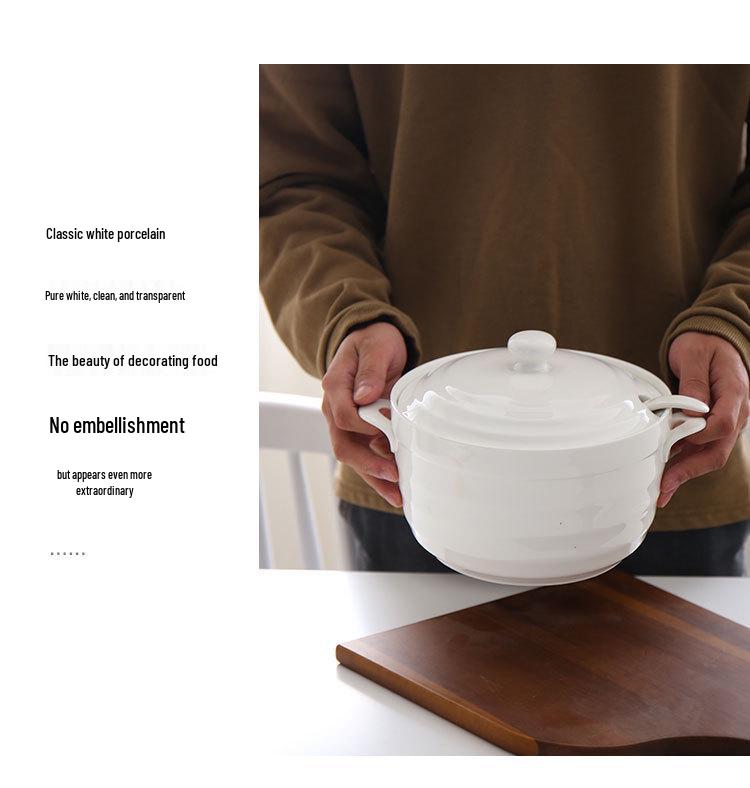 Double Ear Ceramic Soup Bowl Set with Lid - Microwave Safe, Includes Large Spoon and Tureen, Pure White, Creative Design (8 Bowls)