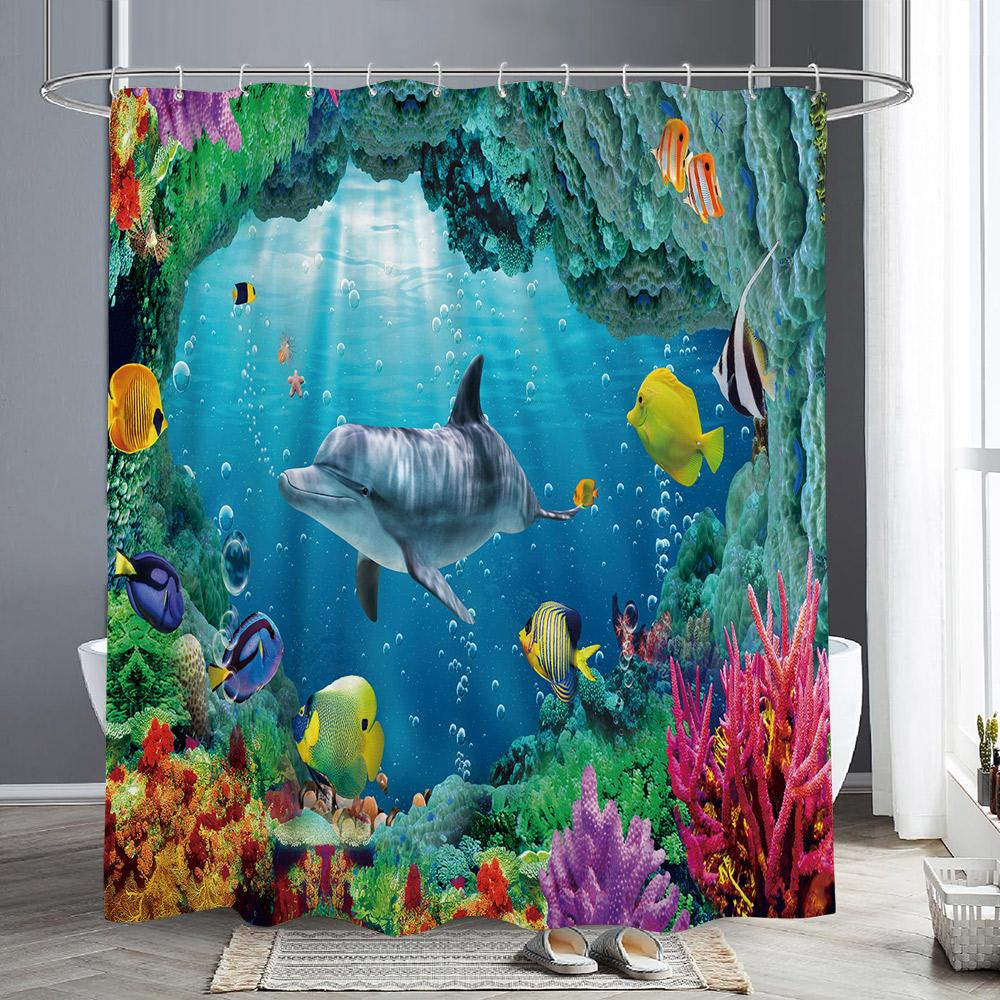 Ocean Animals Shower Curtains Dolphin Sea Turtle Fish Coral Underwater Cave Scenery Fabric Children Bath Curtain Bathroom Decor