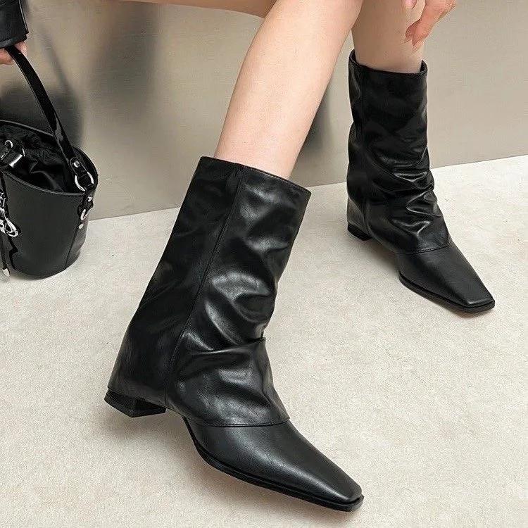 

Зимние женские полусапоги модные слипоны на квадратном каблуке ботильоны женские уличный стиль брючные короткие ботильоны 40 чёрный